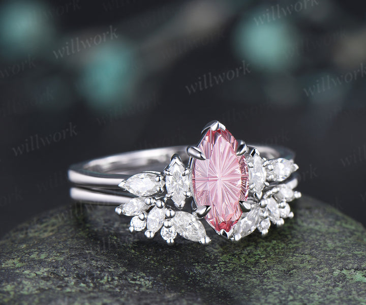 Marquise Fantasy Cut Padparadscha Ring Set Five Stone Promise Ring Moissanite Accent Cluster Wedding Band Pink Sapphire Ring Set