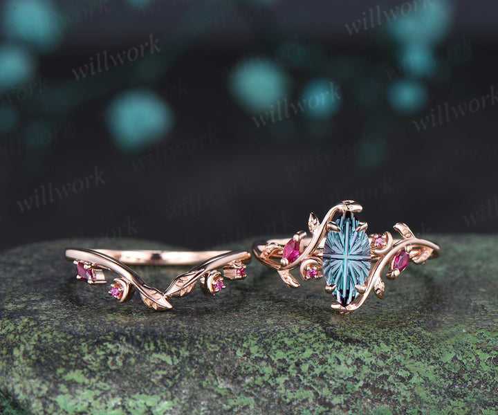Marquise Fantasy Cut Alexandrite Ring Set Leaf Twig Moon Promise Ring Ruby Accent Wedding Band Color Change Gemstone Bridal Set