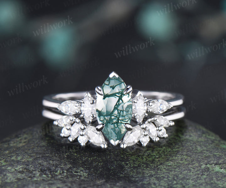Marquise Cut Moss Agate Engagement Ring Set Moissanite Cluster Promise Ring Open Cuff Wedding Band Alternative Bridal Set