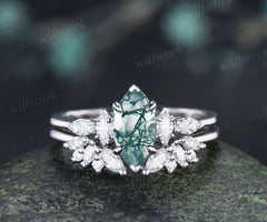 Marquise Cut Moss Agate Engagement Ring Set Moissanite Cluster Promise Ring Open Cuff Wedding Band Alternative Bridal Set