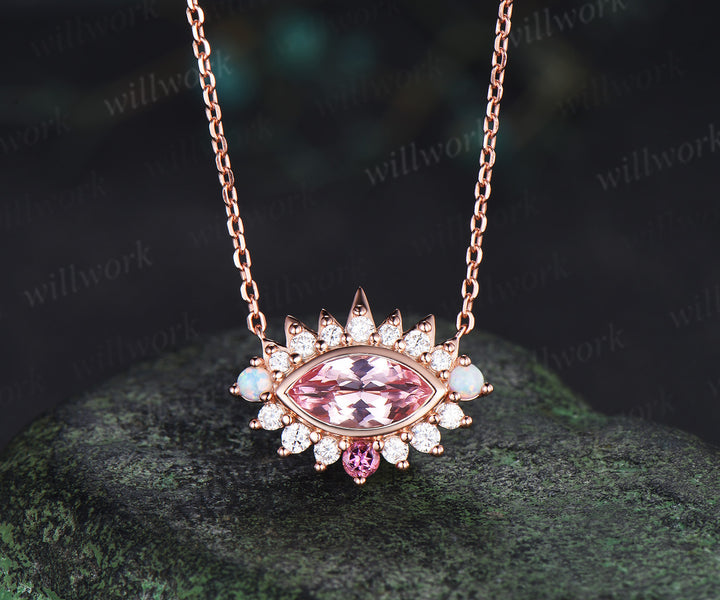 Marquise padparadscha pink sapphire necklace moissanite opal accents pink tourmaline pendant gifts for her