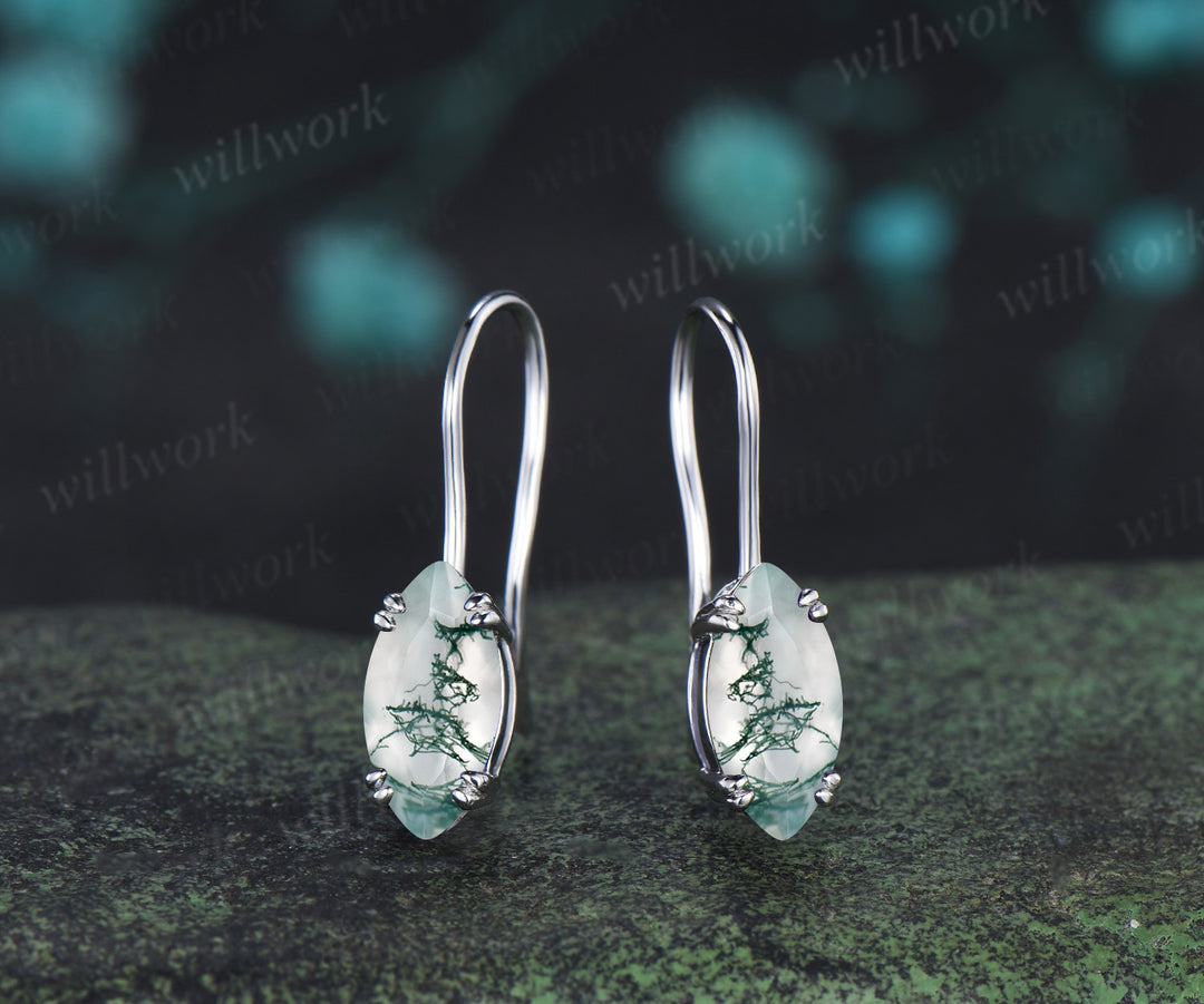 Marquise cut natural moss agate drop earrings minimalist 8 prongs moss agate hook earrings gifts for women