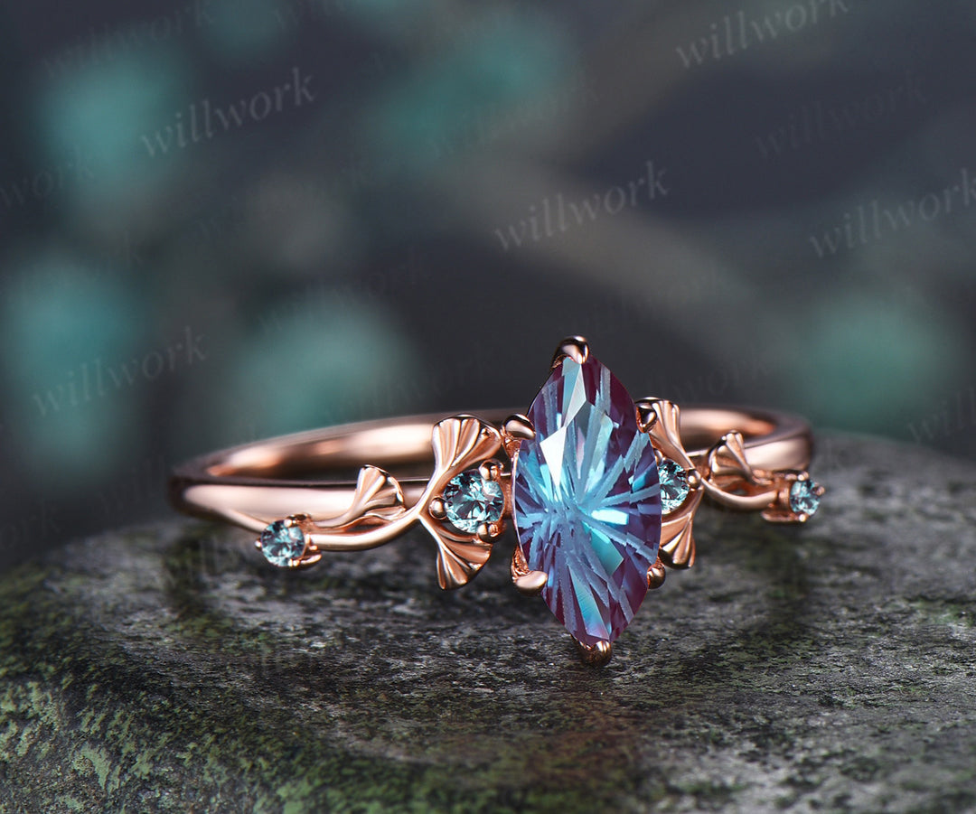 1ct Marquise Fireworks Cut Alexandrite Ginkgo Engagement Ring Nature Inspired Five Stones Promise Ring June Birthstone Jewelry Gift