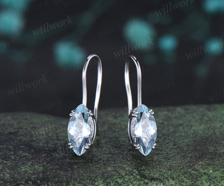 Marquise cut natural aquamarine drop earrings minimalist blue gemstone hook earrings March jewelry gifts