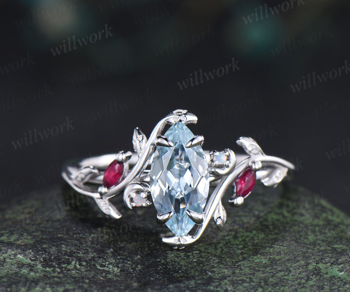 Marquise cut natural aquamarine engagement ring set leaf nature inspired ruby opal moon wedding band bridal set