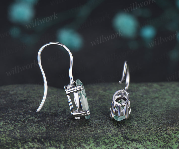 Marquise cut natural moss agate drop earrings minimalist 8 prongs moss agate hook earrings gifts for women