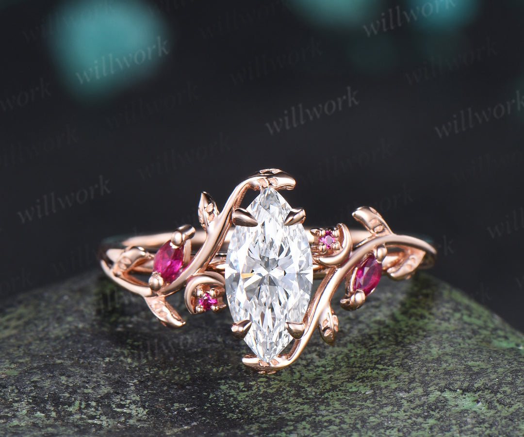Marquise lab grown diamond ring set leaf moon twig ring ruby accents nature inspired bridal set