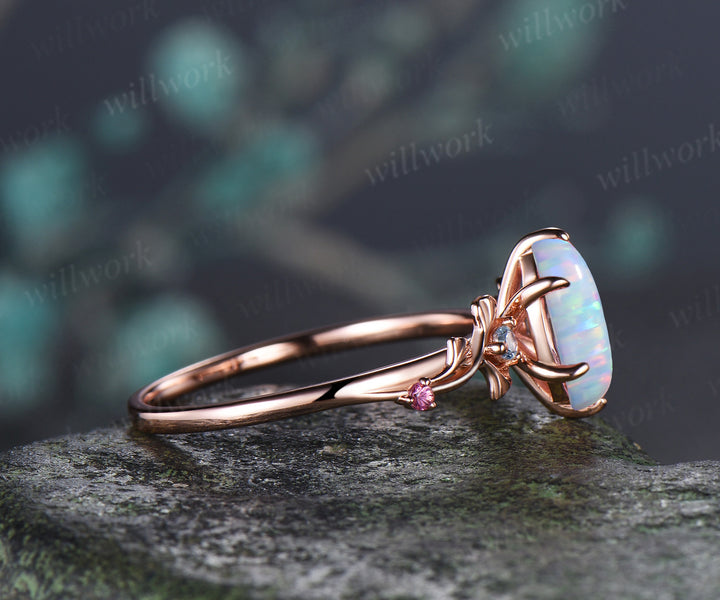 Marquise White Opal Ginkgo Engagement Ring Nature Inspired Five Stones Aquamarine Pink Tourmalines Accents Promise Ring October Birthstone Gifts