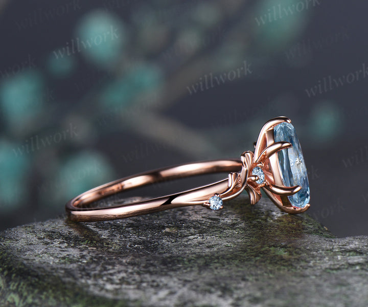 1ct Marquise Cut Aquamarine Ginkgo Engagement Ring Nature Inspired Five Stones Promise Ring March Birthstone Jewelry Gift