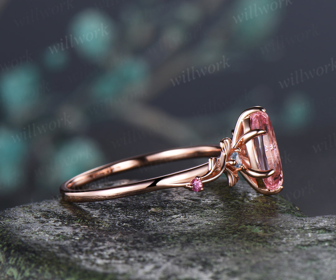 1ct Marquise Fantasy Cut Padparadscha Engagement Ring Ginkgo Leaf Five Stones Alexandrite Accent Promise Ring Nature Inspired Pink Sapphire Ring