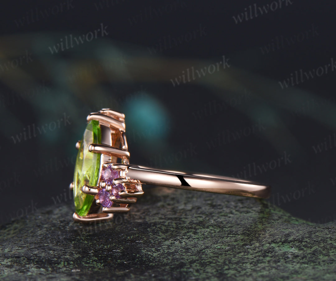 Unique marquise cut peridot engagement ring cluster peridot amethyst bridal wedding ring jewelry gifts