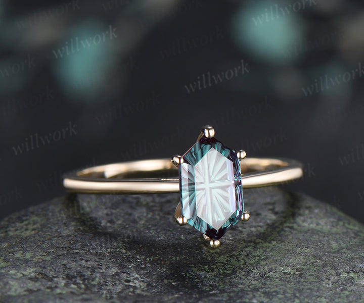 Hexagon Fantasy Cut Alexandrite Engagement Ring 6 Prong Solitaire Promise Ring Minimalist Color Change Gemstone Wedding Ring
