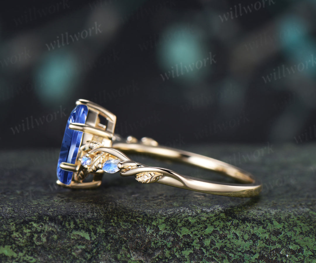 Vintage Marquise Fantasy Cut Sapphire Engagement Ring Leafy Vine Moonstone Accent Promise Ring Blue Sapphire Bridal Ring