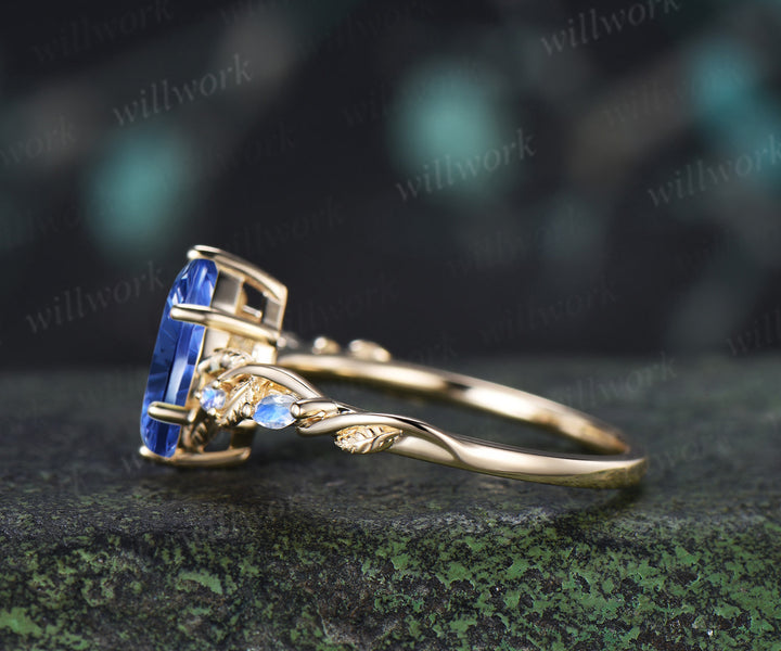 Vintage Marquise Fantasy Cut Sapphire Engagement Ring Leafy Vine Moonstone Accent Promise Ring Blue Sapphire Bridal Ring