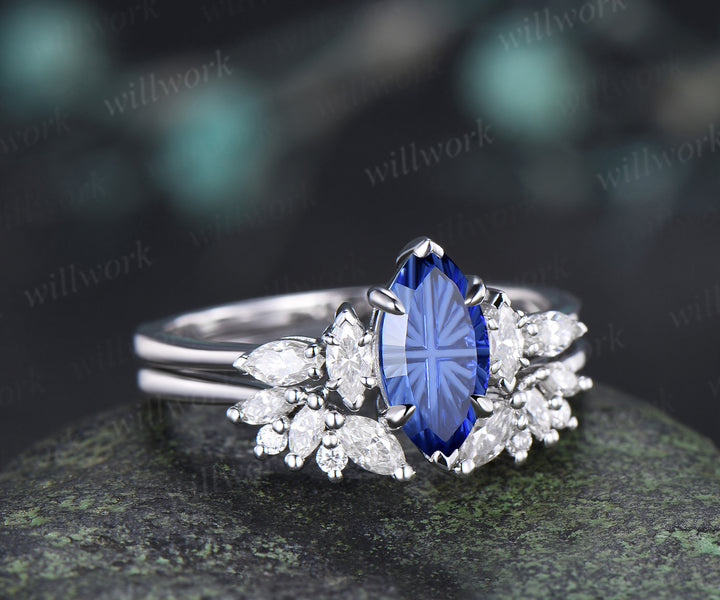Marquise Fantasy Cut Sapphire Ring Set Five Stone Promise Ring Moissanite Cluster Open Gap Wedding Band Sapphire Ring Set