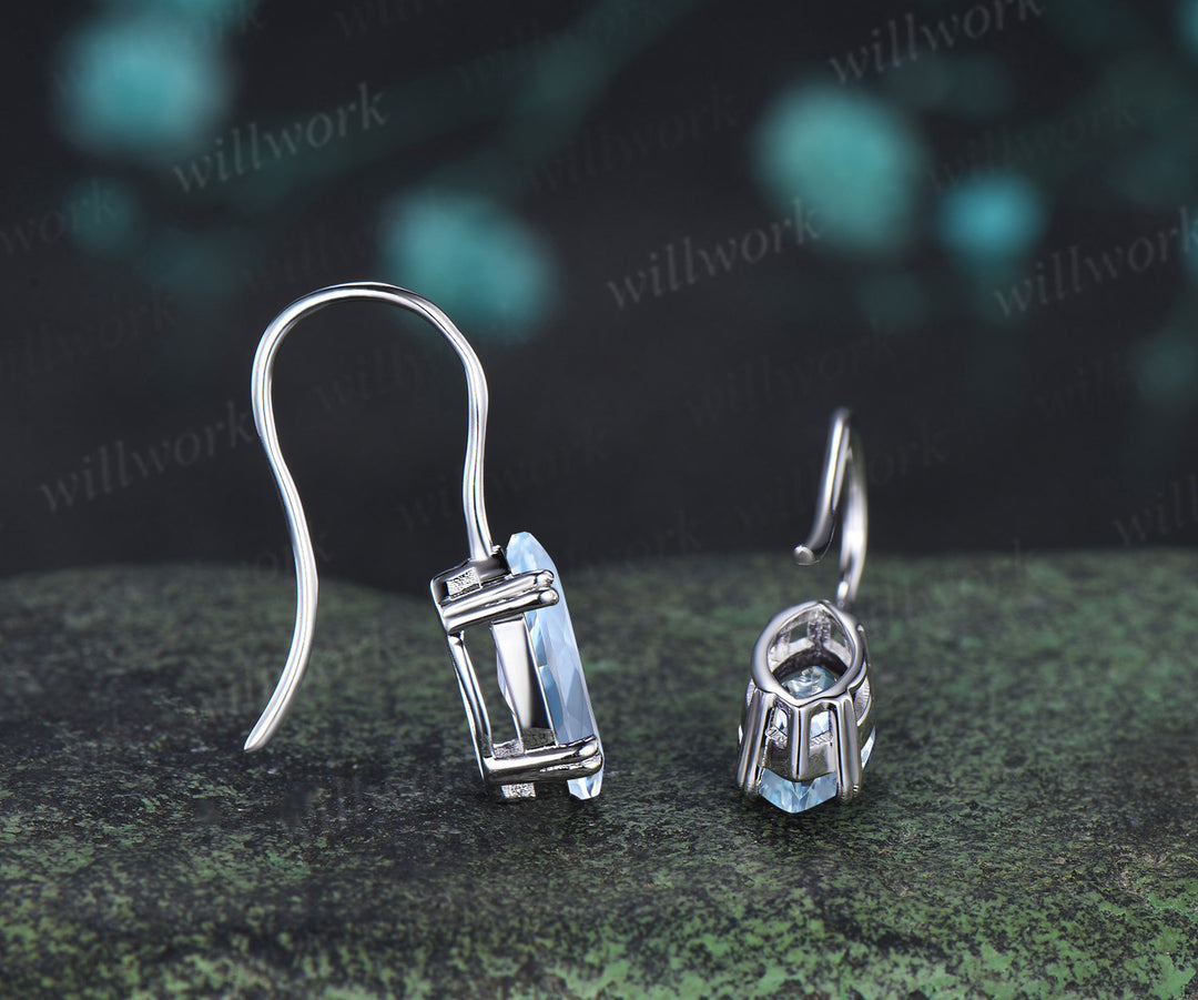 Marquise cut natural aquamarine drop earrings minimalist blue gemstone hook earrings March jewelry gifts
