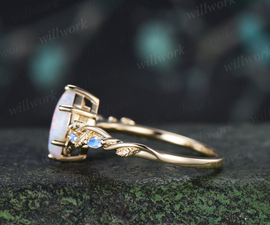 Vintage Marquise White Opal Engagement Ring Leafy Vine Moonstone Accent Promise Ring Fire Opal Jewelry Gifts