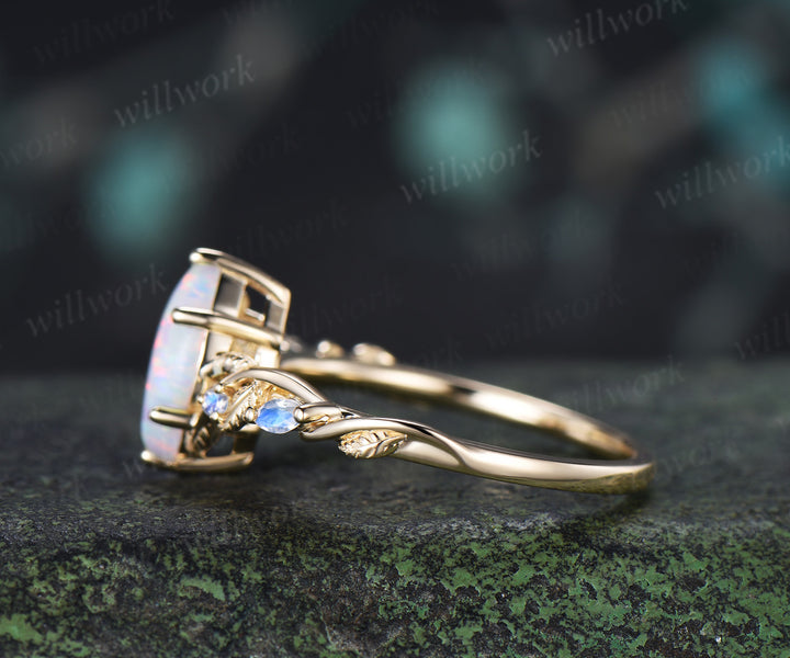 Vintage Marquise White Opal Engagement Ring Leafy Vine Moonstone Accent Promise Ring Fire Opal Jewelry Gifts