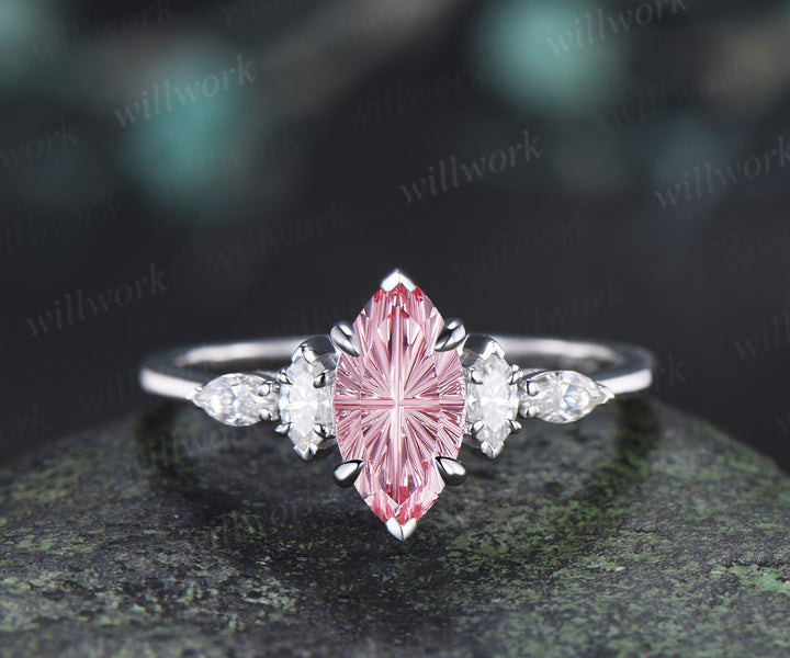 Marquise Fantasy Cut Padparadscha Ring Set Five Stone Promise Ring Moissanite Accent Cluster Wedding Band Pink Sapphire Ring Set
