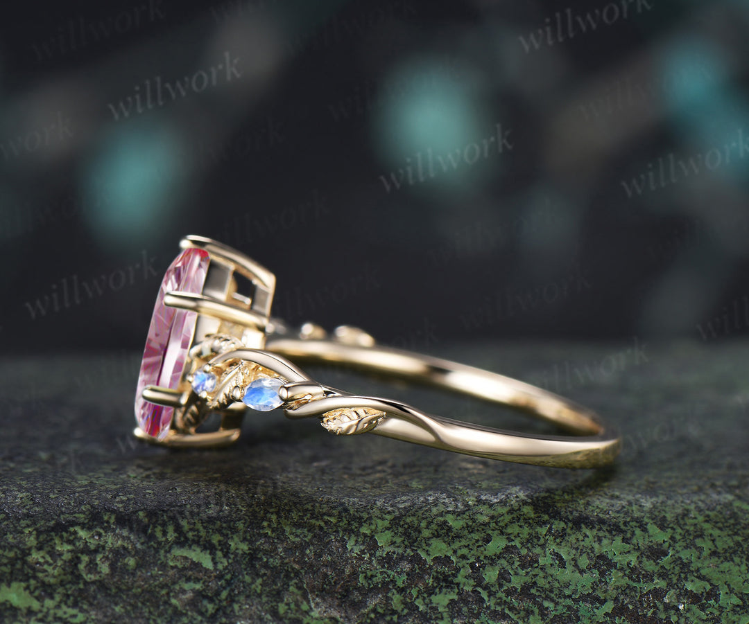 Marquise Fantasy Cut Padparadscha Engagement Ring Twig Vine Moonstone Accent Promise Ring Nature Inspired Jewelry Gifts