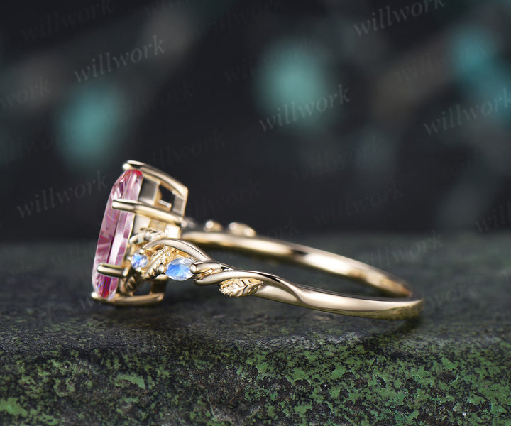 Marquise Fantasy Cut Padparadscha Engagement Ring Twig Vine Moonstone Accent Promise Ring Nature Inspired Jewelry Gifts