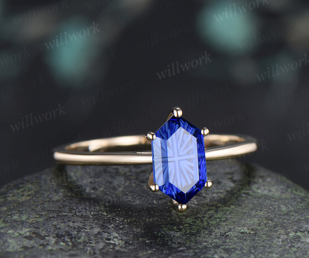 Hexagon Fantasy Cut Blue Sapphire Engagement Ring 6 Prong Solitaire Promise Ring Minimalist Sapphire Wedding Ring