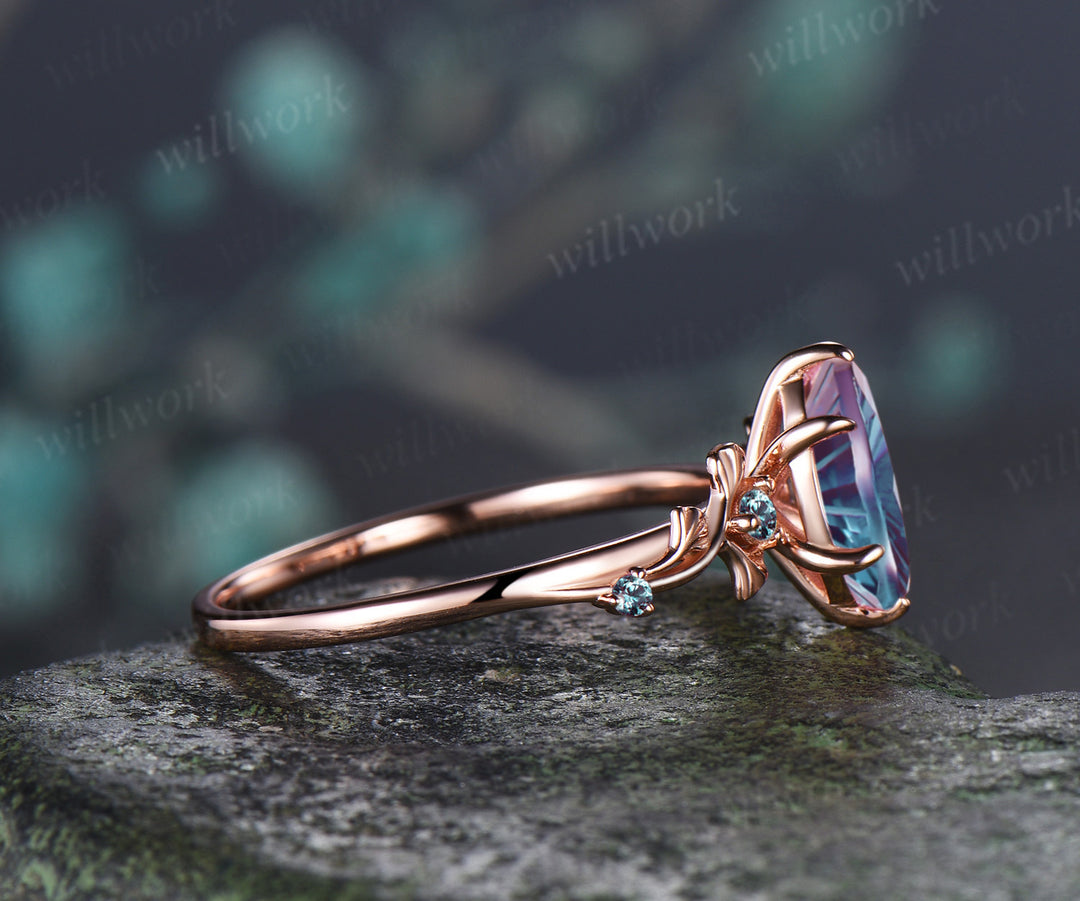 1ct Marquise Fireworks Cut Alexandrite Ginkgo Engagement Ring Nature Inspired Five Stones Promise Ring June Birthstone Jewelry Gift