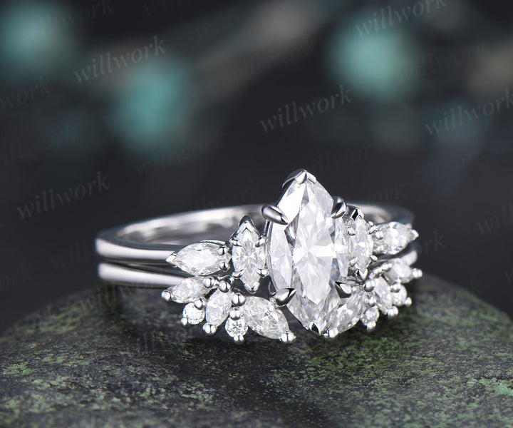 Marquise Cut IGI Lab Grown Diamond Set Five Stone Promise Ring Moissanite Cluster Open Gap Wedding Band Unique Bridal Ring Set