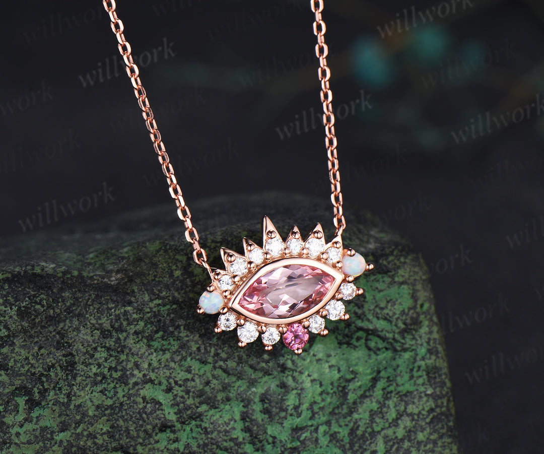 Marquise padparadscha pink sapphire necklace moissanite opal accents pink tourmaline pendant gifts for her
