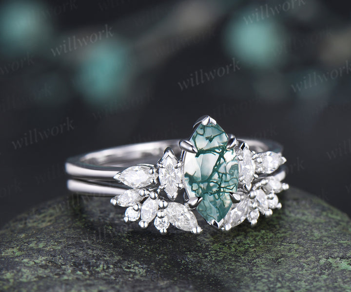 Marquise Cut Moss Agate Engagement Ring Set Moissanite Cluster Promise Ring Open Cuff Wedding Band Alternative Bridal Set
