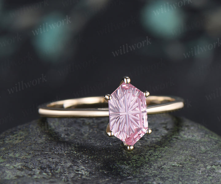 Long Hexagon Fantasy Cut Padparadscha Engagement Ring Minimalist Solitaire Pink Sapphire Promise Ring Gifts for Her