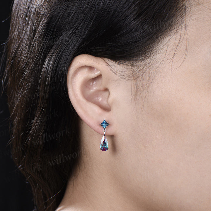 Elongated Pear Alexandrite Earrings London Blue Topaz Dangle Earrings Color Change Gemstone Jewelry