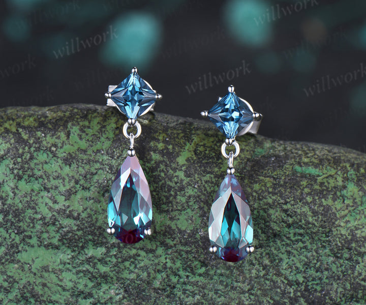 Elongated Pear Alexandrite Earrings London Blue Topaz Dangle Earrings Color Change Gemstone Jewelry