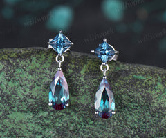 Elongated Pear Alexandrite Earrings London Blue Topaz Dangle Earrings Color Change Gemstone Jewelry