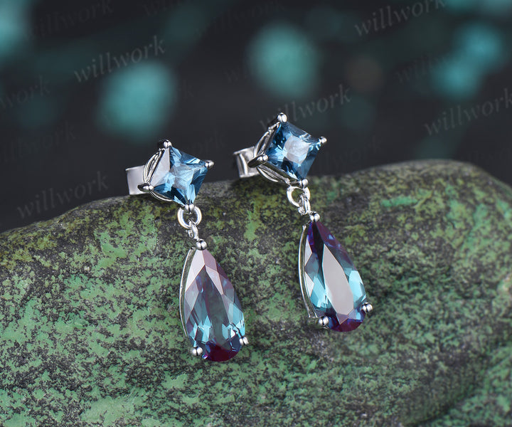 Elongated Pear Alexandrite Earrings London Blue Topaz Dangle Earrings Color Change Gemstone Jewelry