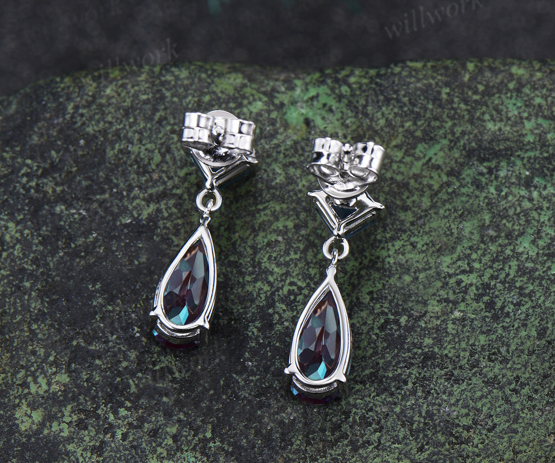 Elongated Pear Alexandrite Earrings London Blue Topaz Dangle Earrings Color Change Gemstone Jewelry