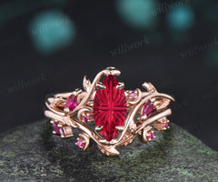 Marquise Fantasy Cut Ruby Ring Set Leaf Twig Moon Promise Ring Ruby Accent Nature Inspired Bridal Set