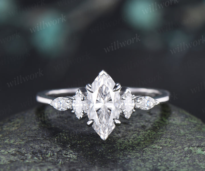 Marquise Cut IGI Lab Grown Diamond Set Five Stone Promise Ring Moissanite Cluster Open Gap Wedding Band Unique Bridal Ring Set