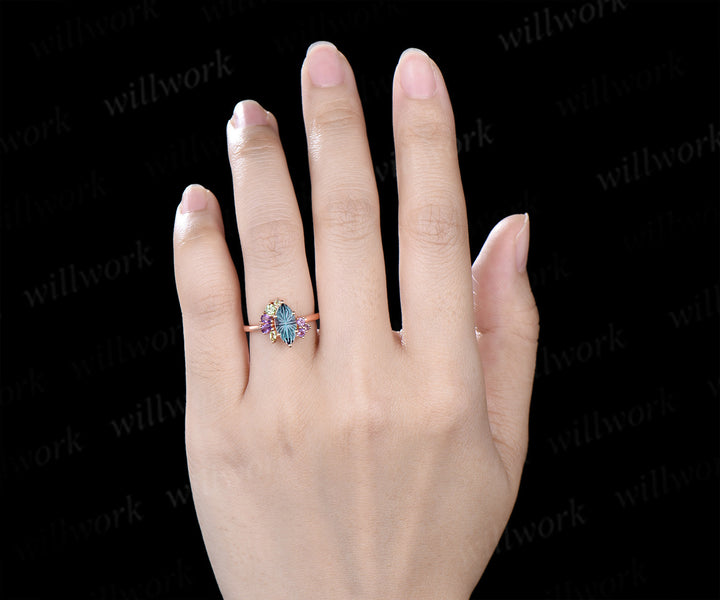 Marquise fantasy cut alexandrite engagement ring retro cluster peridot amethyst bridal wedding ring June birthstone ring