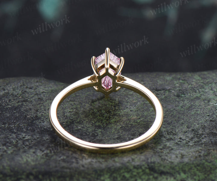 Long Hexagon Fantasy Cut Padparadscha Engagement Ring Minimalist Solitaire Pink Sapphire Promise Ring Gifts for Her