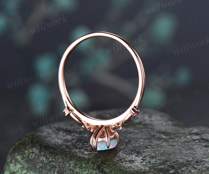 Marquise White Opal Ginkgo Engagement Ring Nature Inspired Five Stones Aquamarine Pink Tourmalines Accents Promise Ring October Birthstone Gifts