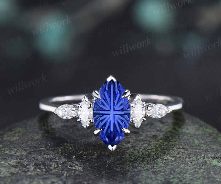 Marquise Fantasy Cut Sapphire Ring Set Five Stone Promise Ring Moissanite Cluster Open Gap Wedding Band Sapphire Ring Set