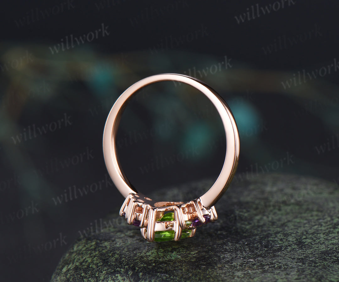 Unique marquise cut peridot engagement ring cluster peridot amethyst bridal wedding ring jewelry gifts