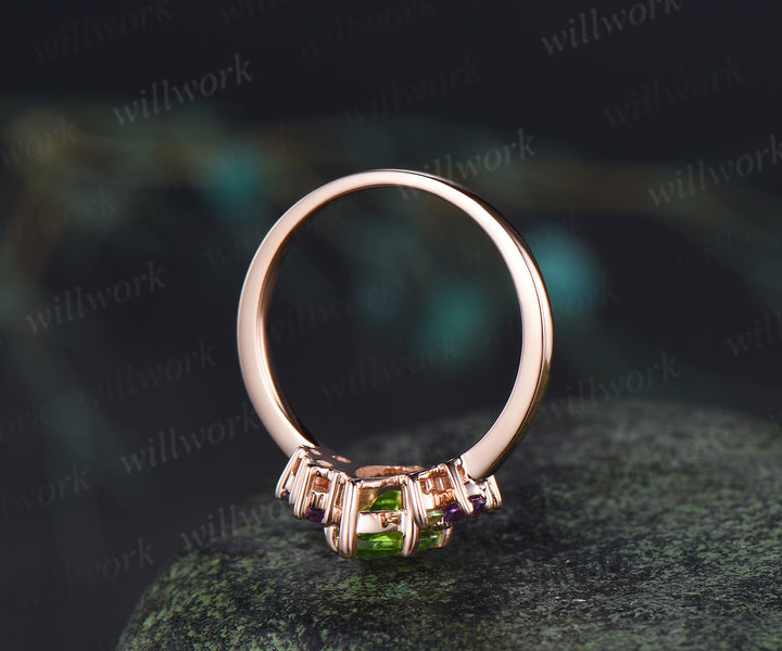 Unique marquise cut peridot engagement ring cluster peridot amethyst bridal wedding ring jewelry gifts