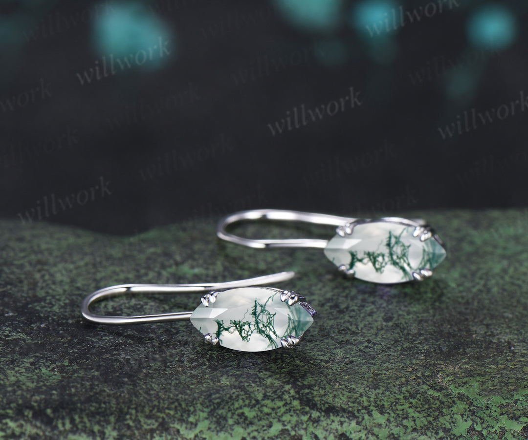 Marquise cut natural moss agate drop earrings minimalist 8 prongs moss agate hook earrings gifts for women
