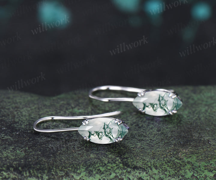 Marquise cut natural moss agate drop earrings minimalist 8 prongs moss agate hook earrings gifts for women