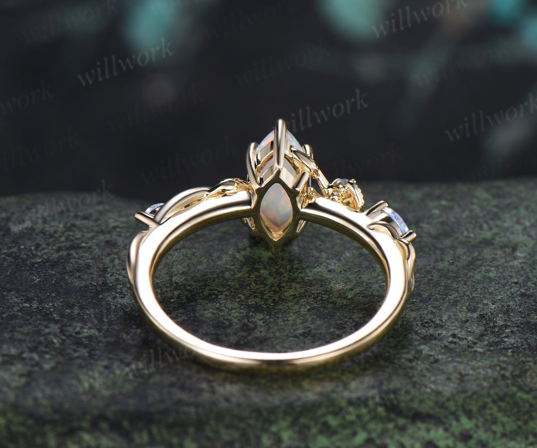 Vintage Marquise White Opal Engagement Ring Leafy Vine Moonstone Accent Promise Ring Fire Opal Jewelry Gifts