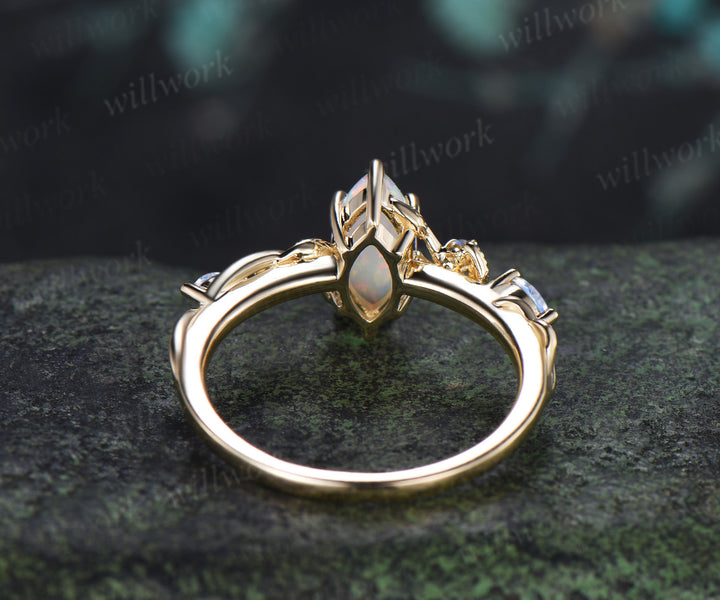 Vintage Marquise White Opal Engagement Ring Leafy Vine Moonstone Accent Promise Ring Fire Opal Jewelry Gifts