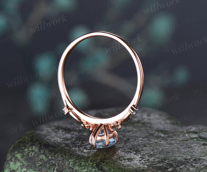 1ct Marquise Cut Aquamarine Ginkgo Engagement Ring Nature Inspired Five Stones Promise Ring March Birthstone Jewelry Gift