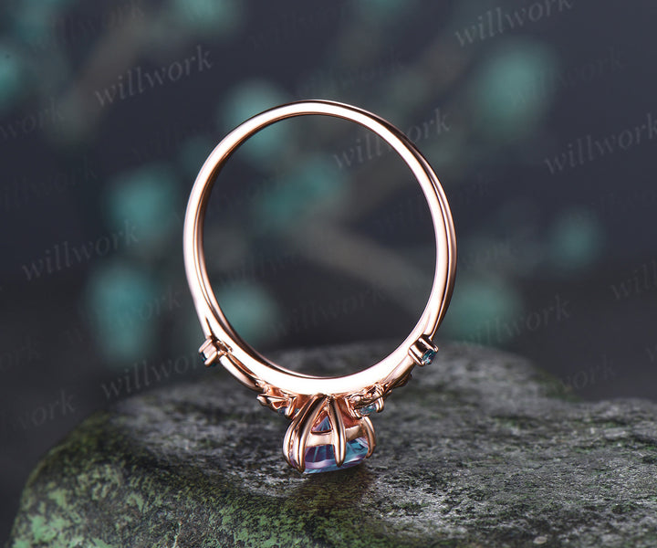 1ct Marquise Fireworks Cut Alexandrite Ginkgo Engagement Ring Nature Inspired Five Stones Promise Ring June Birthstone Jewelry Gift